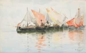 Sydlandska Fiskebatar Med Roda Segel by Wilhelm von Gegerfelt