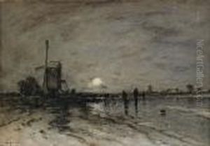 Hollandskt Vinterlandskap Med Skridskoakare Hollandskt Vinterlandskap Med Skridskoakare