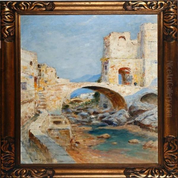 An Italian Villagescenery With A River, Bridge And Houses - view 1