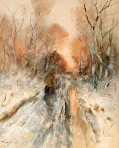 Hostlandskap Med Kvinna Pa Landsvag Hostlandskap Med Kvinna Pa Landsvag