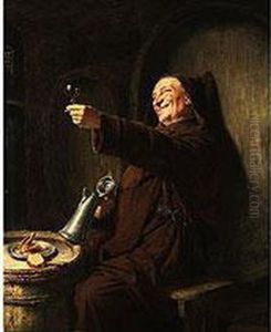 Monch Mit Erhobenem Weinglas Bei Der Brotzeit Im Weinkeller by Eduard Von Grutzner