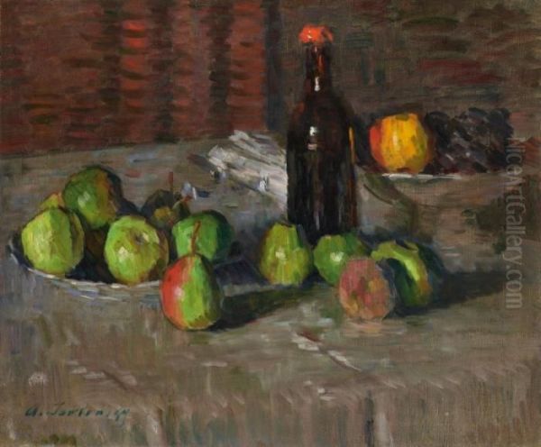 Stilleben Mit Apfeln Undflasche - view 1