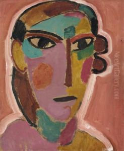 Mystischer Kopf: Frauenkopf Auf Rotem Grund by Alexei Jawlensky