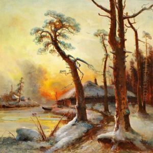 Sunset Over A Winter Landscape With A Hut By A River by Iulii Iul'evich (Julius) Klever