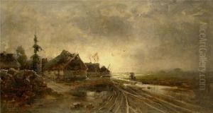 Regennassedorfstrase Mit Bauerin, Unter Bewolktem Himmel