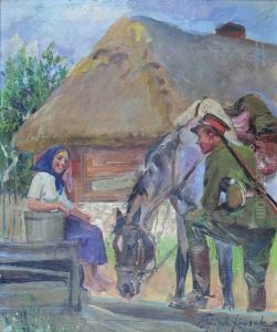 Dziewczyna Z Zolnierzem Przy Studni by Wojciech Von Kossak