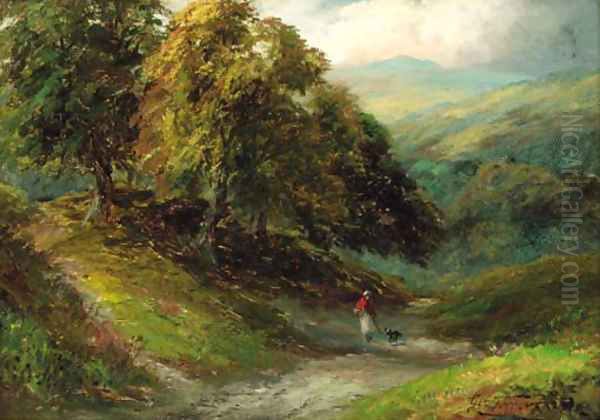 A figure on a wooded valley path - view 1