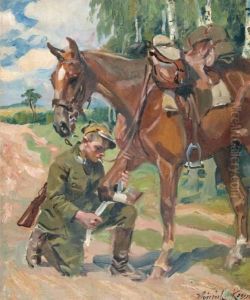 Soldaat En Zijn Paard by Wojciech Von Kossak