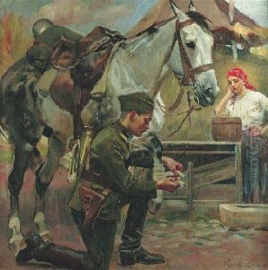 Ulan Opatrujacy Konia by Wojciech Von Kossak