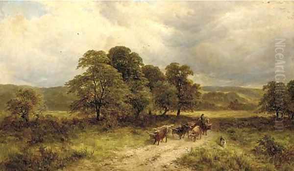 A drover with Highland cattle in a wooded landscape - view 1