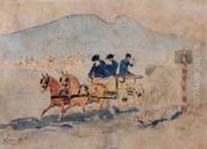 Powoz Z Trojgiem Pasazerow Na
Granicy Galicyjsko - Wegierskiej W Tatrach (pod Giewontem), - Ilustracja
(wycieta Z Lub Dolaczona Do) Listu (?) by Wojciech Von Kossak