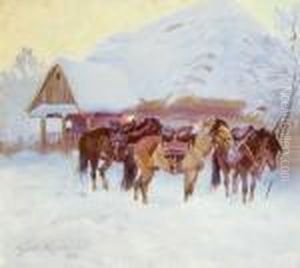 Konie Przed Chata, 1926 R. by Wojciech Von Kossak