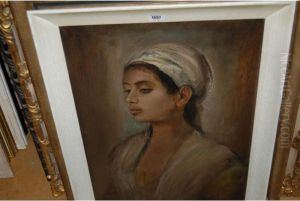 Head And Shoulder Portrait Of A Girl Wearing A White Head Scarf by Lenbach Franz Von