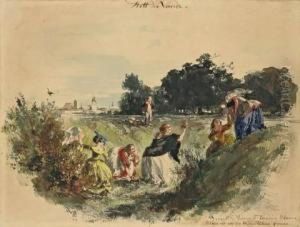 Blumenpfluckende Frauen ("statt Der Vorrede") by Adolph von Menzel
