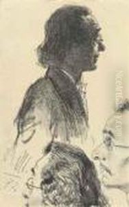 Etude De Trois Tetes D'hommes Regardant Un Spectacle by Adolph von Menzel