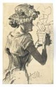 Frau Mit Blumentopf by Adolph von Menzel