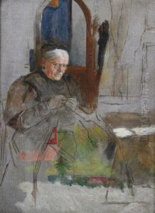 Seated Old Woman Sewing by Adolph von Menzel