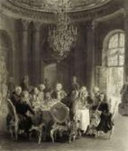 Roundtable In Sanssouci. Pencil
On Paper, Inscribed Andindistinctly Dated, On The Passepartout Affixed
Paper Strip With Inscription "werner F.".possibly A Work By Fritz Werner
As A Draft For Hismezzotint- Engraving Of The Same Title by Adolph von Menzel