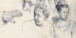 Studienblatt Mit Figuren- Und Kopfstudien Und Einer Handstudie. by Adolph von Menzel