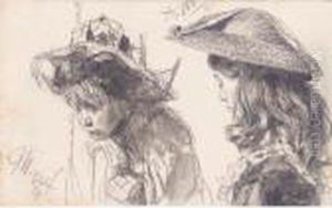 Studienblatt: Zwei Madchen (a Study Of Two Girls) by Adolph von Menzel