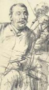 A Seated Man Looking Down To The Right, A Bearded Figure Seen Inprofile Beyond by Adolph von Menzel