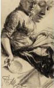 Double Portrait Of A Woman Holding A Plate And Knife