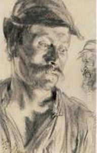 Head Of A Workman, Study For "iron Rolling Mill" by Adolph von Menzel