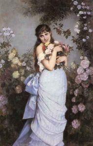 A Young Woman in a Rose Garden by Toulmouche Auguste