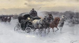 Two Horse-drawn Coaches In A Snowy Landscape. by Alfred Wierusz-Kowalski