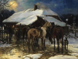 Pferdegruppe Vor Verschneitem Bauernhaus by Alfred Wierusz-Kowalski