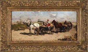 Sommerliche Landstrase Mit Fahrendem Volk Vor Einer Eisenbahn by Alfred Wierusz-Kowalski