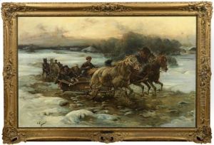 Blick Auf Zwei Heimwarts 
Fahrende Schlittengespanne In Tief Verschneiter Russischer 
Winterlandschaft. Seltenes, Grosformatiges Werk Des Bedeutenden 
Polnischen Kunstlers, Der Ab 1876 In Munchen Ansassig War. Einen Namen 
Machte Er Sich Besonders Dur