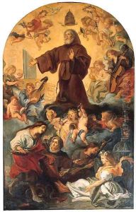 Saint Francis of Paula in Glory, attended by Angels and Saints, in a painted arch by Theodor Van Thulden