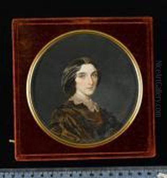 A Lady, Wearing Brown Dress Trimmed With Black Lace And Small White Lace Collar. - view 1
