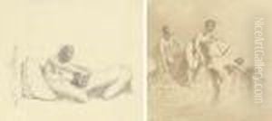 Quatre Jeune Filles Nues Se
Baignant Dans La Mer; Et Une Sceneerotique Avec Une Fille Nue Couchee
Devant Une Autre by Mihaly von Zichy