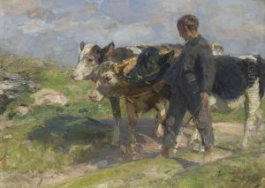 Bursche Mit Drei Jungrindern by Heinrich Johann Von Zugel