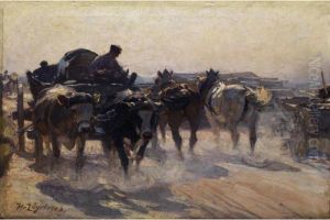 Ochsengespann Und Zugpferde Auf Staubiger Landstrasse by Heinrich Johann Von Zugel