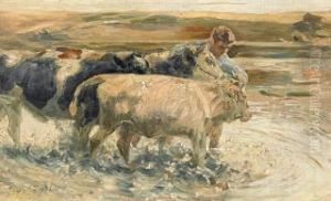 Boy With Two Cows In The Ford by Heinrich Johann Von Zugel