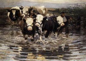 Bauer Mit Kuhen In Der Furt by Heinrich Johann Von Zugel