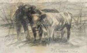 Two Cows Ona Pasture by Heinrich Johann Von Zugel