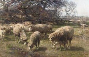 Sonniger Marzmorgen: Sheep Grazing Near A Farm by Heinrich Johann Von Zugel