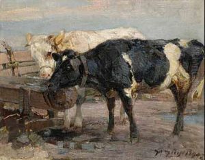 Zwei Kuhe An Der Tranke. by Heinrich Johann Von Zugel