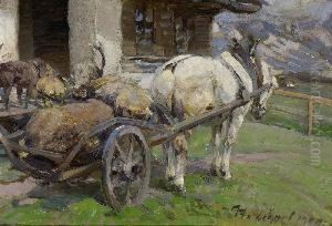 Pferdekarren Mit Jagdbeute Vor Der
 Almhutte.