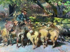 Hirte Mit Schafherde Und
 Maultier