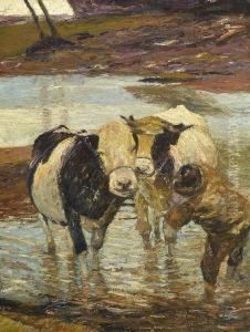 Huter Mit Zwei Rindern Im
 Wasser.