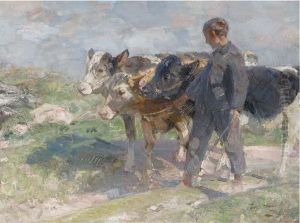 Drei Jungrinder Mit Huterjungen by Heinrich Johann Von Zugel