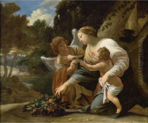 The Virgin And Child With An Angel In A Landscape by Aubin Vouet