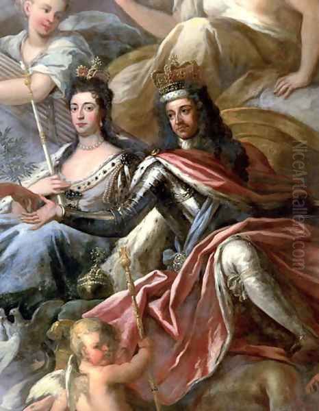 Ceiling of the Painted Hall, detail of King William III 1650-1702 and Queen Mary II 1662-94 Enthroned, 1707-14 - view 1