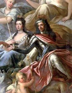Ceiling of the Painted Hall, detail of King William III 1650-1702 and Queen Mary II 1662-94 Enthroned, 1707-14