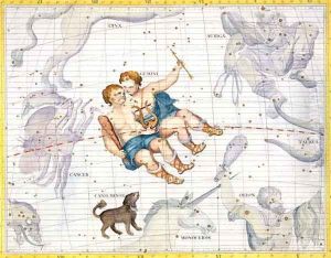 Constellation of Gemini with Canis Minor, plate 13 from Atlas Coelestis, by John Flamsteed 1646-1710, published 1729 Constellation of Gemini with Canis Minor, plate 13 from Atlas Coelestis, by John Flamsteed 1646-1710, published 1729